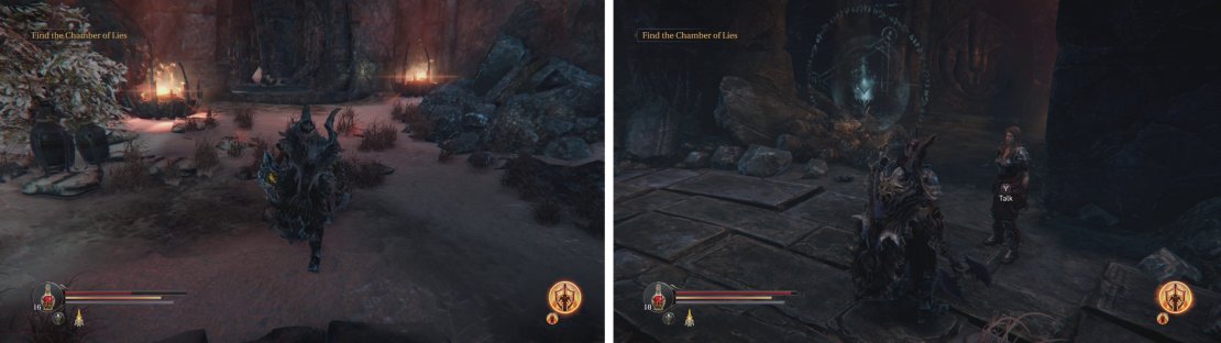 Re-enter the Rhogar Temple (left) and head for the Infiltrator&rsquo;s area to find Yetka (right).