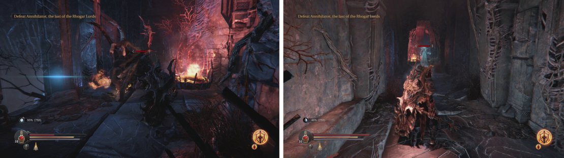 Clear out the Dimensional Beast above the Checkpoint Crystal (left). Go through the glyph-locked door to fight a Spirit (right).