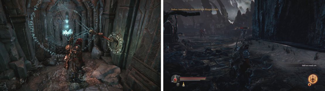 Pull the lever to extend the bridge (left). Continue through the Infiltrator&rsquo;s room until you exit to the Panorama (right).