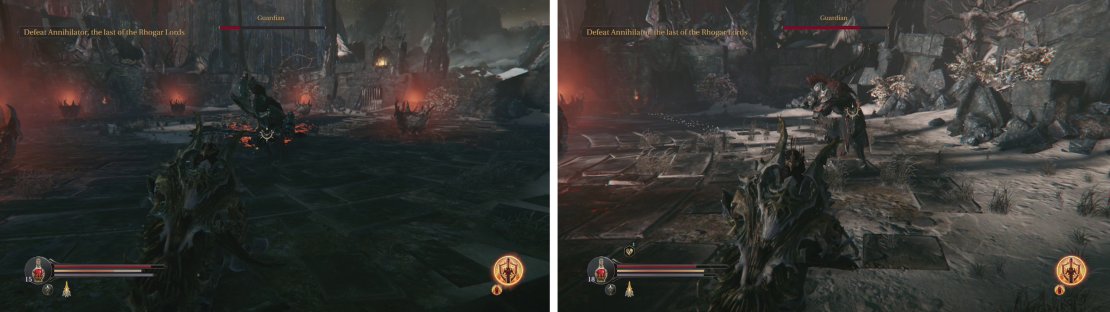 Dodge the boss&rsquo;s charge (left) and then hit him once his combo finishes (right).