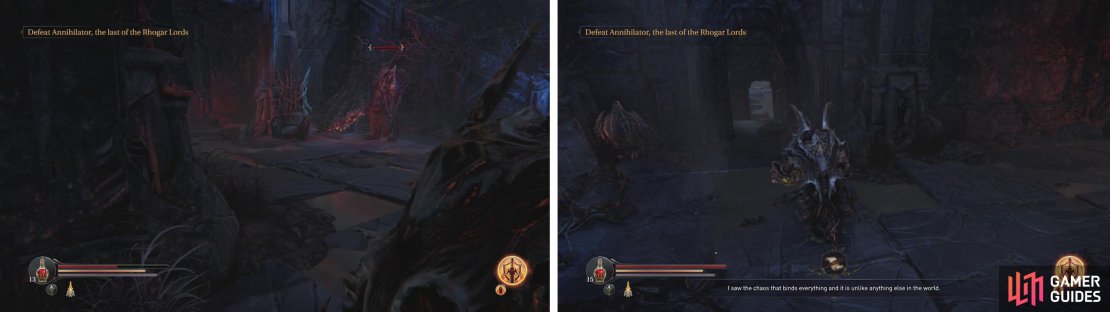 Fight off the Warden (left) and then grab the Tyrant&rsquo;s Heart from the urn near the door (right).