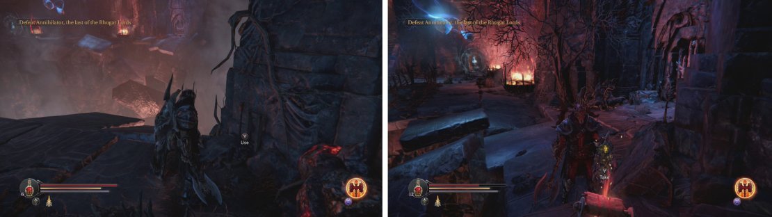 Pull the lever on the South Edge of the abyss room (left) to open the locked gate on the North side of the room (right). Inside is the Staff&rsquo;s Head quest item.