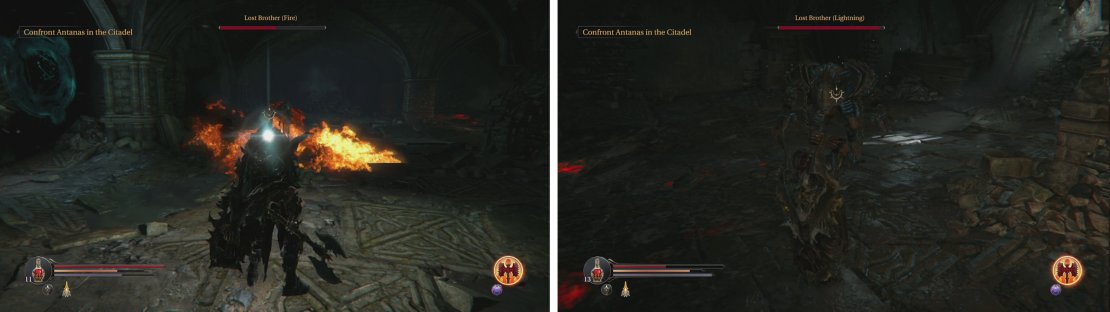 The fire breath is the Fire Brother&rsquo;s biggest opportunity for a melee attack (left) whilst the Lightning Brother acts more like a regular melee enemy (right).