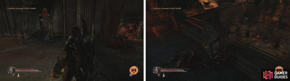 After the Loot Crystal watch out for the Knight who will ambush you (left). In the Main Hall, before the main door is an Audio Note guarded by 3 Knights (right).