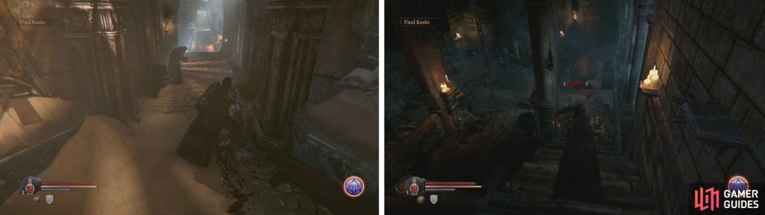 Speak with the Wounded monk just outside the gate (left) and then head inside the left hand door and kill the Spiders inside (right).
