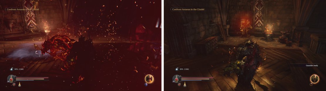 Quake deals area of effect damage (left). Ram causes damage in a line in front of Harkyn (right).