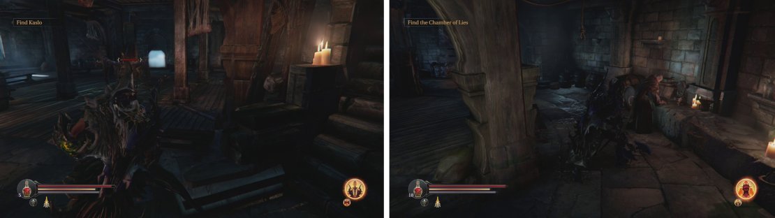 Kill the Spider in the South Watchtower (left). After informing the monk it is gone, you can then find him where the Spider was located (right).