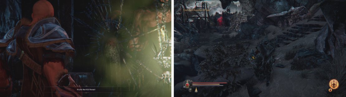 You&rsquo;ll first meet the Crippled Rhogar after the Infiltrator fight (left). Upon your next visit to the Rhogar Realm, he is down the path left of the back entrance to the Temple (right).