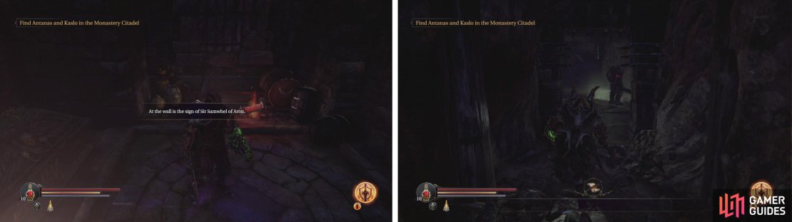 Enter the wooden door near the lever (left) for a Lever Handle item. Use this to open the Infected Monk&rsquo;s cell and kill him (right) to complete the side-quest.