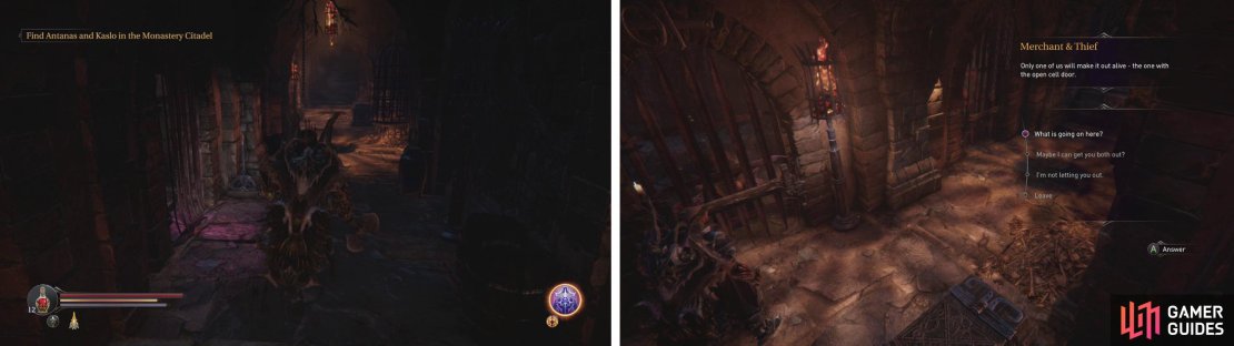 At the end of the Cell Circle you&rsquo;ll find a corridor leading outside (left). As you enter, speak with one of the prisoners (right) to be told of their plight.