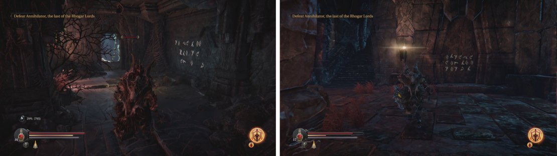 One of the Runic Inscriptions in the Chamber of Lies (left) and at an exit to the Infiltrator&rsquo;s boss fight arena (right).