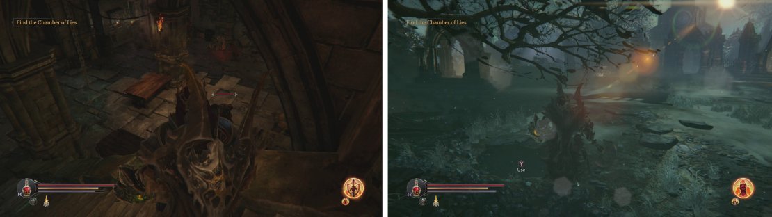Grab the Cursed Sword from the Old Quarters in the Citadel (left). Place the sword into the hole in the Graveyard (right) to fight a ghost for a reward.