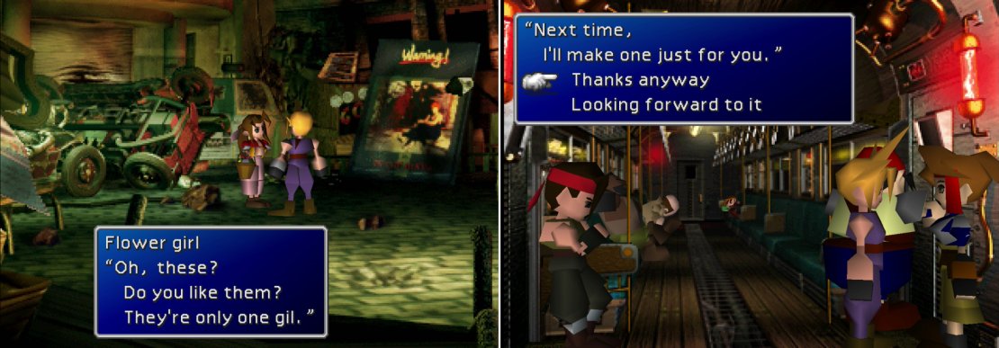 After the bombing, you&rsquo;ll run into a flower girl (left). When you make it onto the train, Jessie will bore you with some technical details about Midgar&rsquo;s public transportation system (right).