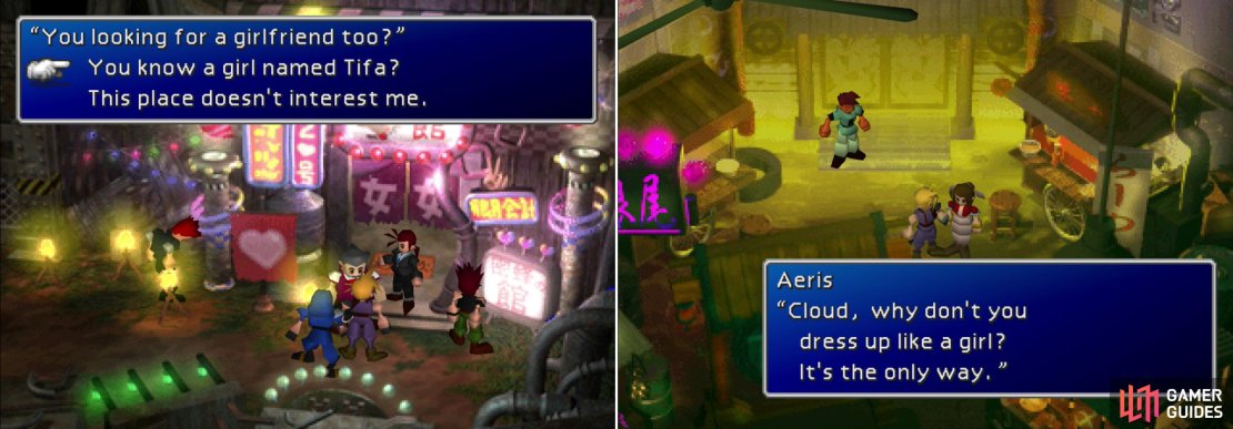 Talk to the perverts outside a bawdy club to learn about Tifa&rsquo;s whereabouts (left). Seems Cloud&rsquo;s going to have to adopt a&hellip; hilarious disguse to get access to the Don (right).