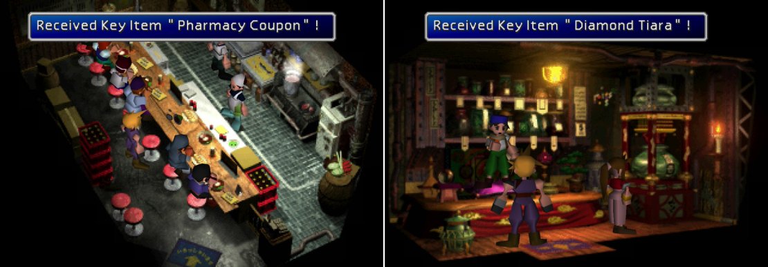 Buy a meal at the restaurant to get a &ldquo;Pharmacy Coupon&rdquo;, which can be traded for some useful medicine (left). Depending on what you purchase from the inn&rsquo;s vending machine, the owner of the Materia shop will give you a tiara (right).