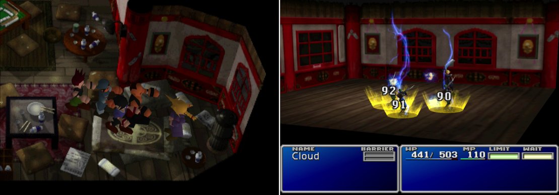Corneo&rsquo;s lackies will try to seduce Cloud-in-drag by using the infamous mummy pick-up technique (left). Unfortunately, Cloud will slip his disguise and fight off his suitors (right).