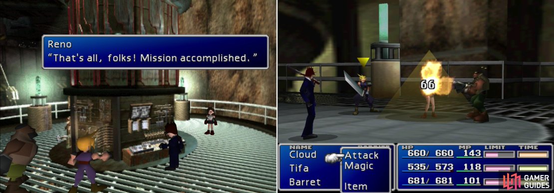 Despite your valient efforts, Reno of the Turks sets Shinra&rsquo;s diabolical scheme in motion (left). Dispel Reno&rsquo;s &ldquo;Pyramid&rdquo; spell by attacking the pyramid imprisoning a character (right).