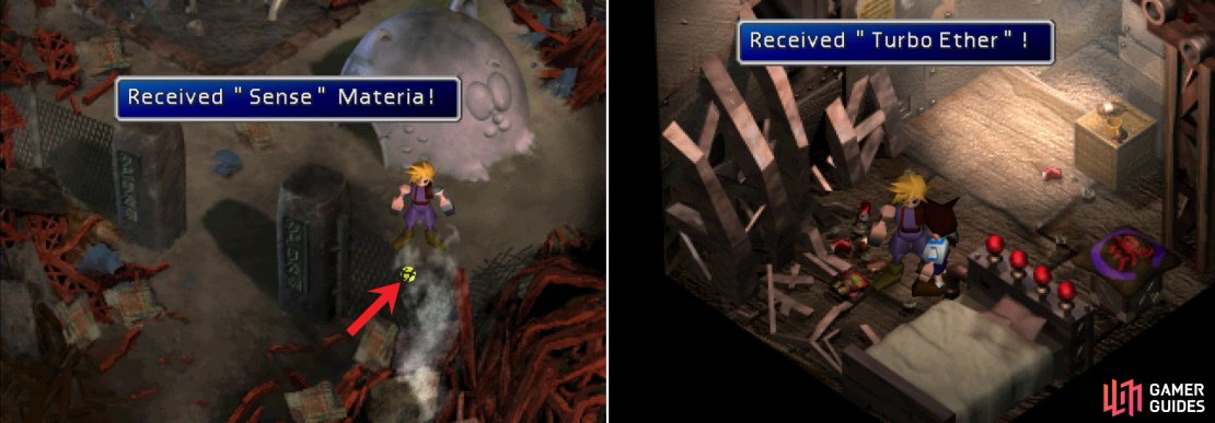 Grab the Sense Materia from the playground (left) and talk to the budding entrepreneur in Sector 5 to get a Turbo Ether (right)&hellip; at least, if you didn&rsquo;t steal his 5 Gil earlier.