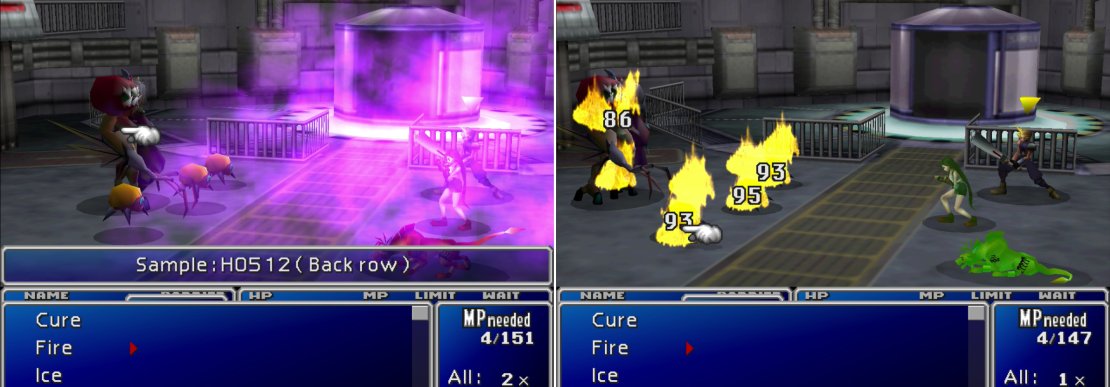 Sample HO512&rsquo;s &ldquo;Shady Breath&rdquo; attack can poison the entire party if they&rsquo;re not protect with a Star Pendant or Elemental Materia (left). Using magic to strike all your foes - or to harm Sample HO512 while bypassing its undelrings - is a good idea (right).