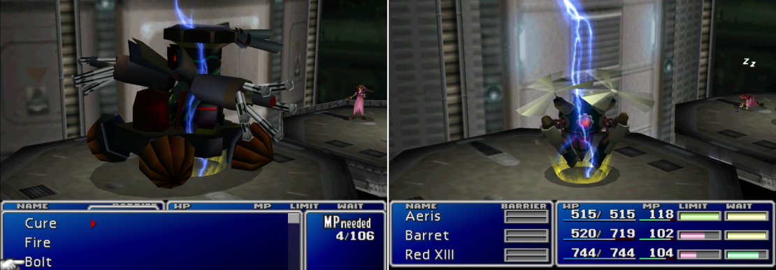 Hundred Gunner is protected by distance, but is vulnerable to lightning (left). After inflicting enough damage, Heli Gunner will replace Hundred Gunner, and as a machine, it&rsquo;s weak to lightning, too (right).