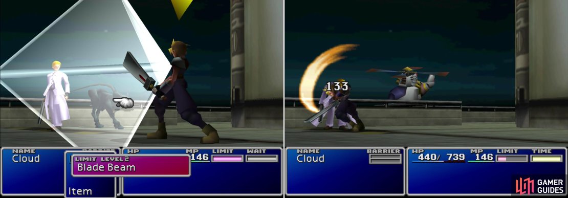Rufus&rsquo;s pet Dark Nation will start out the fight by protecting its master (left). In the long run, however, Rufus can&rsquo;t trade blows for Cloud in a one-on-one engagement (right).