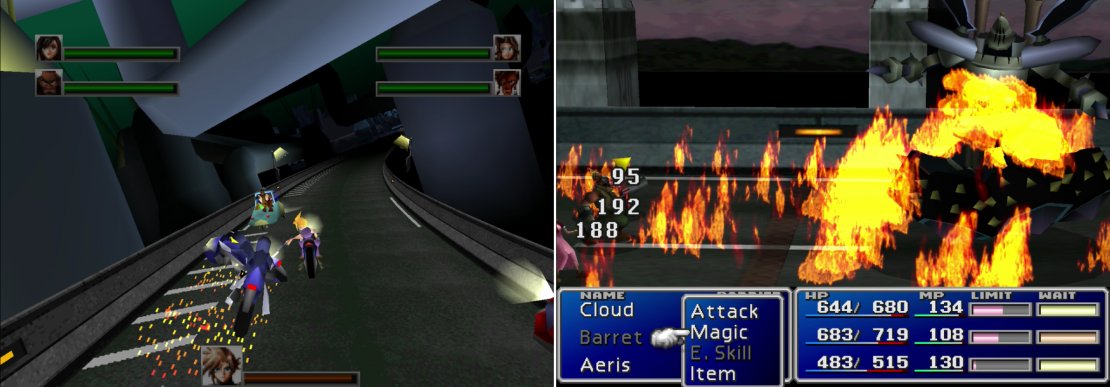 Defend your allies from enemy motorcycles as you make your escape (left). At the end of the road you&rsquo;ll have to fend off Motor Ball, who shows its fondess for fire with its &ldquo;Twin Burner&rdquo; and &ldquo;Rolling Fire&rdquo; attacks (right).