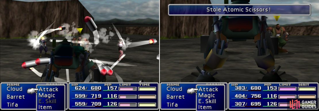 You can learn your first Enemy Skill, &ldquo;Matra Magic&rdquo; from Custom Sweeper enemies around Midgar (left). You can also steal Atomic Scissors from them (right).