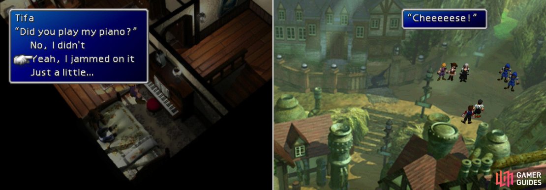 Say you &ldquo;jammed on&rdquo; Tifa&rsquo;s piano to get rewards much, much later on (left). Before getting to work, pause for a fateful photo shoot (right).
