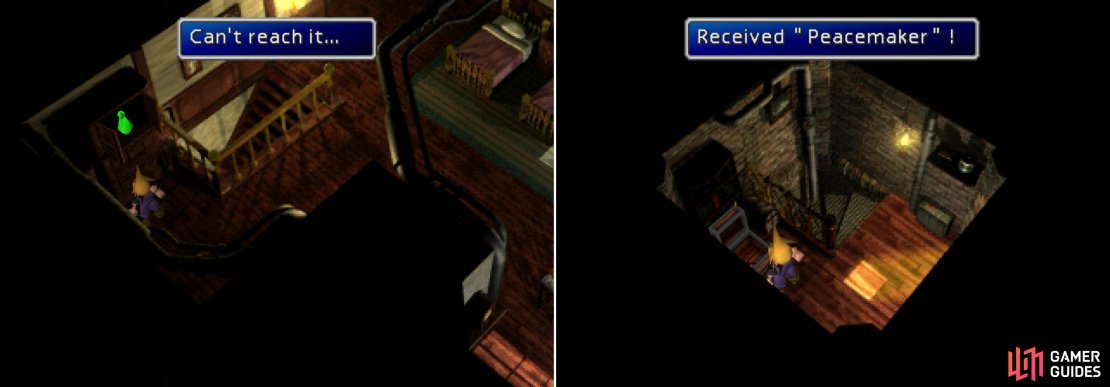 Harass the cabinet in the inn until the Megalixir is yours (left). While it might not be useful yet, the Peacemaker is a weapon that&rsquo;ll prove handy later on (right).