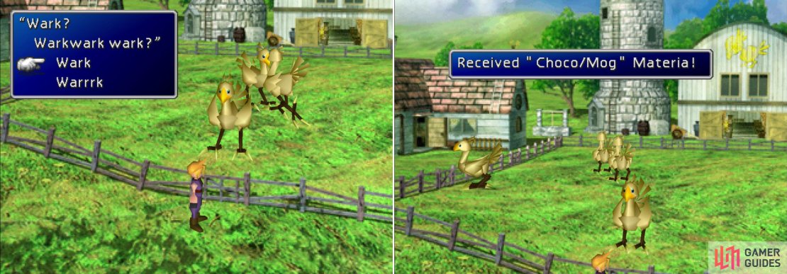 Respond to the Chocobos correctly (left) and, after their elegant dance, you&rsquo;ll obtain the Choco/Mog Materia (right).