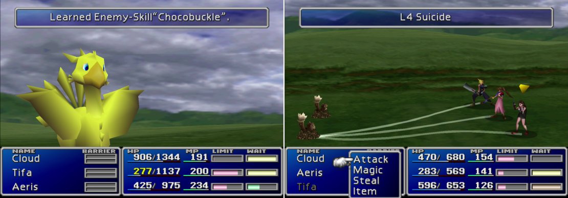 Learn &ldquo;L4 Suicide&rdquo; from Mu enemies (right) then, after feeding a level 16 Chocobo some Mimett Greens, cast &ldquo;L4 Suicide&rdquo; on it to have it respond with &ldquo;Chocobuckle&rdquo;.