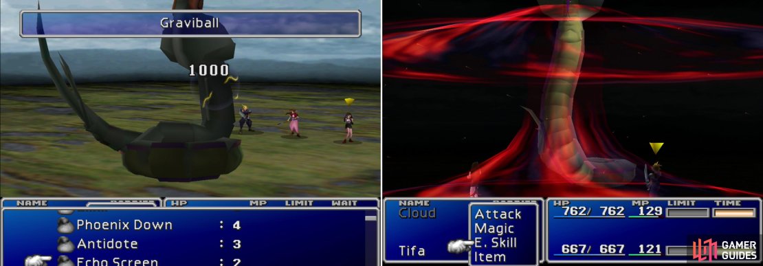If you&rsquo;re brave enough to engage the Midgar Zolom, weaken it with Graviballs (left) and try to survive its &ldquo;Beta&rdquo; attack to learn it (right).