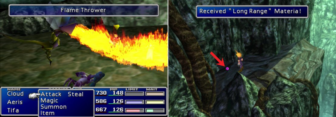 You can learn the &ldquo;Flamethrower&rdquo; Enemy Skill from Ark Dragons (left). Be sure to grab the Long Range Materia on your way through the Mythril Mines.