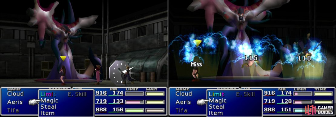 Jenova-BIRTH&rsquo;s &ldquo;Stop&rdquo; spell can&hellip; well, stop a character in their tracks (left). Her &ldquo;Tail Laser&rdquo; attack will blast the entire party for a modest amount of damage (right).