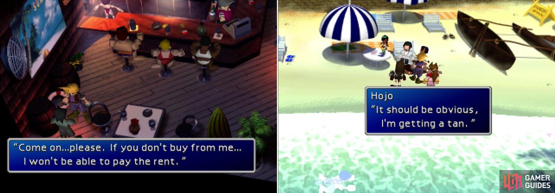 The shady merchant in the bar will sell some interesting pieces of armor (left). On the beach you&rsquo;ll find Hojo, who seems too interested in your pursuit of Sephiroth (right).