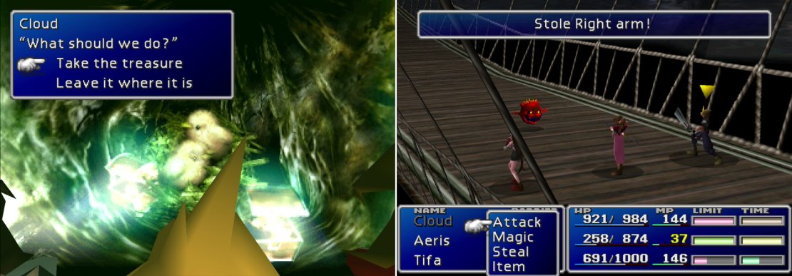 Find the hidden Cokatolis nest and loot it t oscore ten Phoenix Downs, or leave it to remain a menace to future travelers (left). On the bridge leading to North Corel you&rsquo;ll encounter Bombs, iconic Final Fatnasy foes (right).