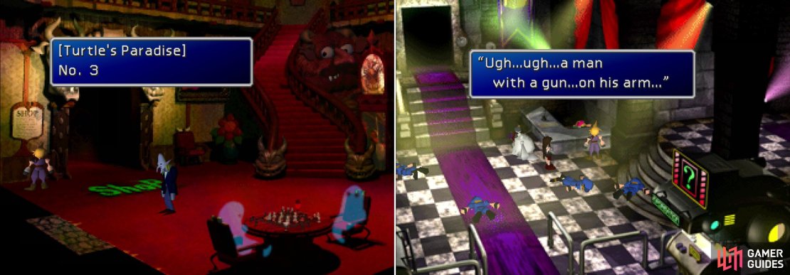 Read the Turtle&rsquo;s Paradise Newsletter in the Ghost Square (left), thne, after recruiting Cait Sith, head to the Battle Square to make a startling discovery (right).