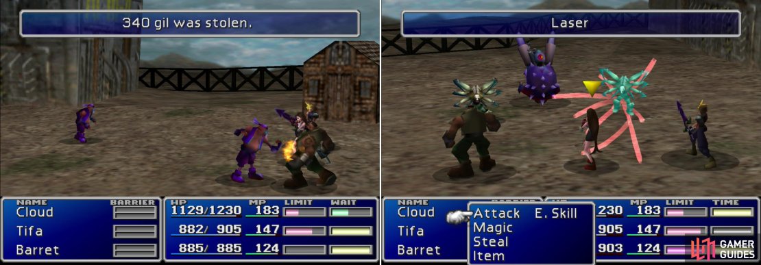 Bandits, while not dangerous, can steal valuable items from you (left). You can try out the newfound Manipulate Mtaeria to learn the &ldquo;Laser&rdquo; Enemy Skill (right).