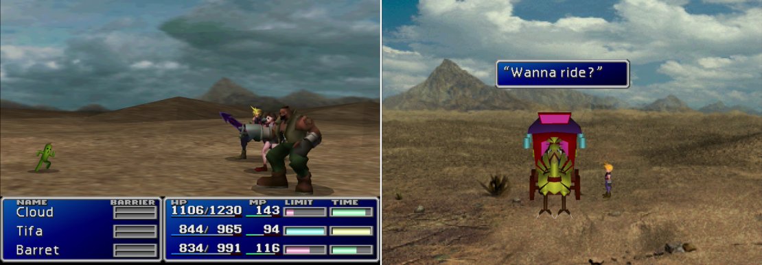 If you brave the deserts and are fortunate enough to encounter a Cactuar, killing one will earn you 10,000 Gil (left). If you get lost in the desert, keep exploring until you find the mysterious Chocobo carriage (right). It&rsquo;ll take you back to Corel Prison.