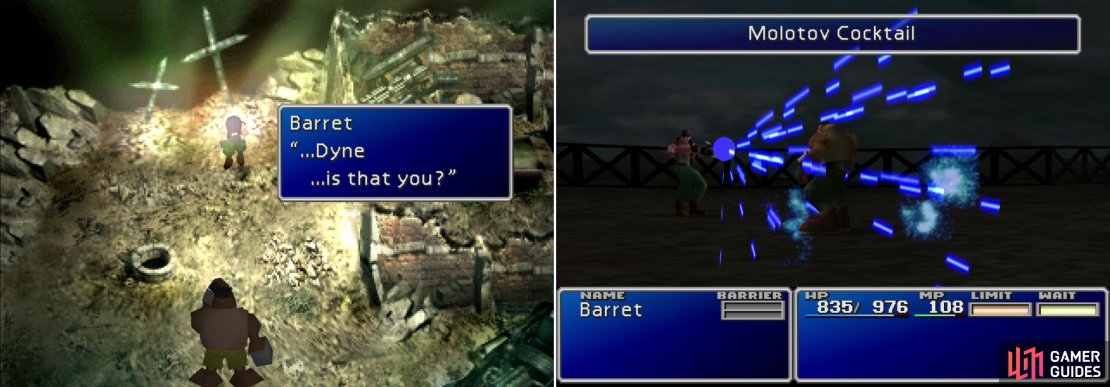 Chase down the boss of Corel Prison, who happens to be a figure from Barret&rsquo;s past (left). Dyne has few attacks, but he will start taking double turns when he&rsquo;s injured (right).