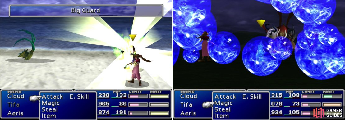 You can Manipulate Beachplugs to learn the wonderful &ldquo;Big Guard&rdquo; Enemy Skill (left). &ldquo;Harpies&rdquo; will oblige you by casting &ldquo;Aqualung&rdquo;, a potent water element attack (right).