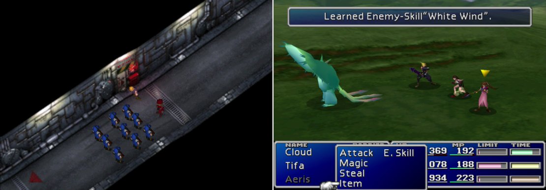 Return to Junon and fiddle with an alarm if you want to fight high-powered foes early (left). The Zemzelett can be Manipulated into casting &ldquo;White Wind&rdquo;, quite possibly the best Enemy Skill in the game (right).