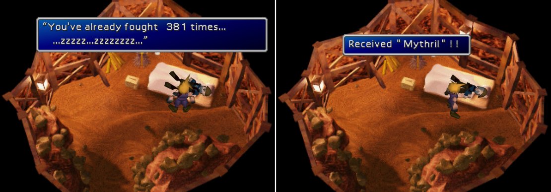 With the Buggy in your possession, you can visit the perpetually sleeping miner in the caves near Junon. He will tell you how many battles you&rsquo;ve fought (left) and if the last two digits are certain numbers, will give you one of two items (right).
