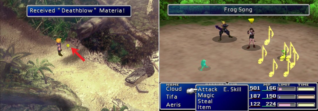 Pick up the Deathblow Materia outside of Gongaga (left) and learn the &ldquo;Frog Song&rdquo; Enemy Skill from &ldquo;Touch Me&rdquo; enemies (right).