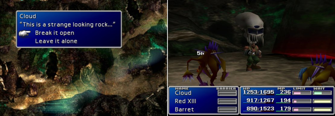 Break open the rocks in hte caves to open the way to the next area (left). A number of nasty creatures in the Cave of the Gi will be only too happy to teach you the &ldquo;Death Sentence&rdquo; spell (right).