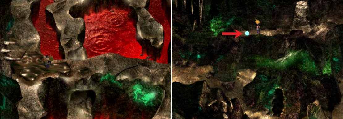 Avoid running on the slick patch on the ground, else you&rsquo;ll find yourself in close contact wtih some spike (left). Be sure to pick up the Added Effect Materia in the Cave of the Gi (right).