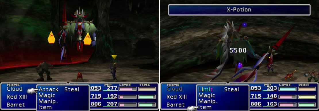 Gi Nattack is joined by two Soul Fire minion, who are only too happy to inflict fire damage on the party (left). If you&rsquo;ve willing to spare an X-Potion, Gi Nattack can be killed in a single move (right). It doesn&rsquo;t pay to be undead in a Final Fantasy game.