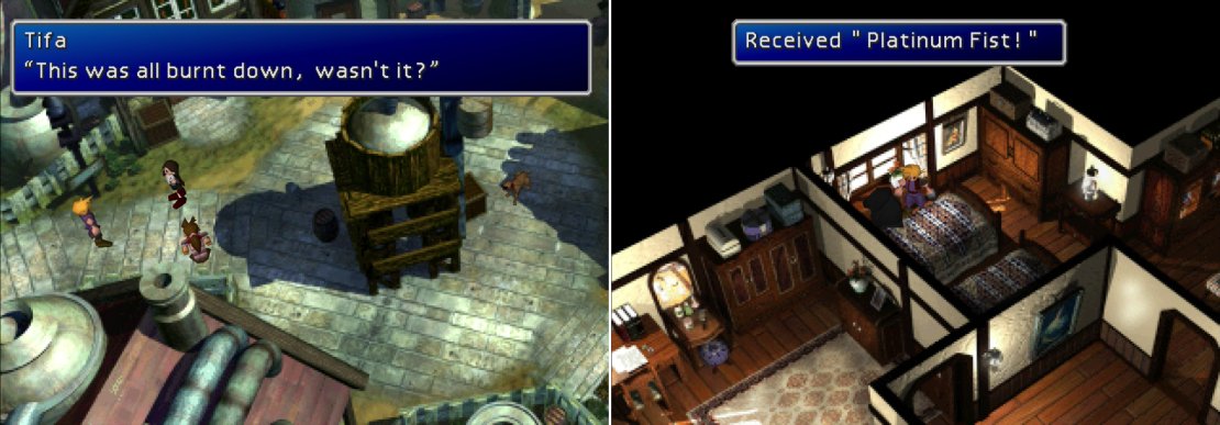Cloud returns to Nibelheim only to find the town oddly intact, despite being destroyed by Sephiroth five years ago&hellip; (left). Talk to the black-cloaked figures to rob them of various goodies (right).