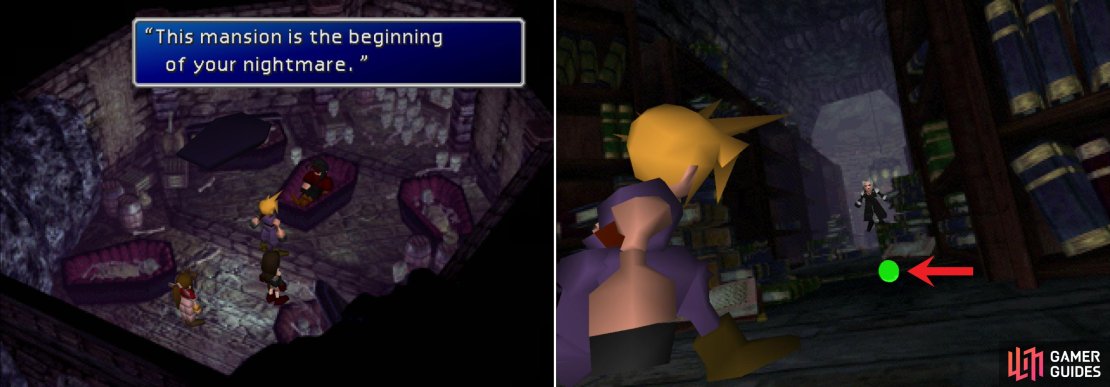 With the &ldquo;Key to the Basement&rdquo; in your hands, you can rouse a slumbering sinner in the bowels of the Shinra Mansion (left). If you continue into the offices you&rsquo;ll have a brief encounter with Sephiroth, who tosses you a piece of Destruct Materia (right).