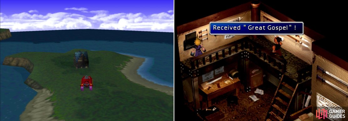 Head over to the isolated house near Gongaga (left) and trade the Mythril you got from the sleeping miner in for the Great Gospel; Aeris&rsquo;s ultimate Limit Break (right).